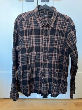 Raised By Wolves Men's Black and Brown Plaid Button-Down with waffle detail